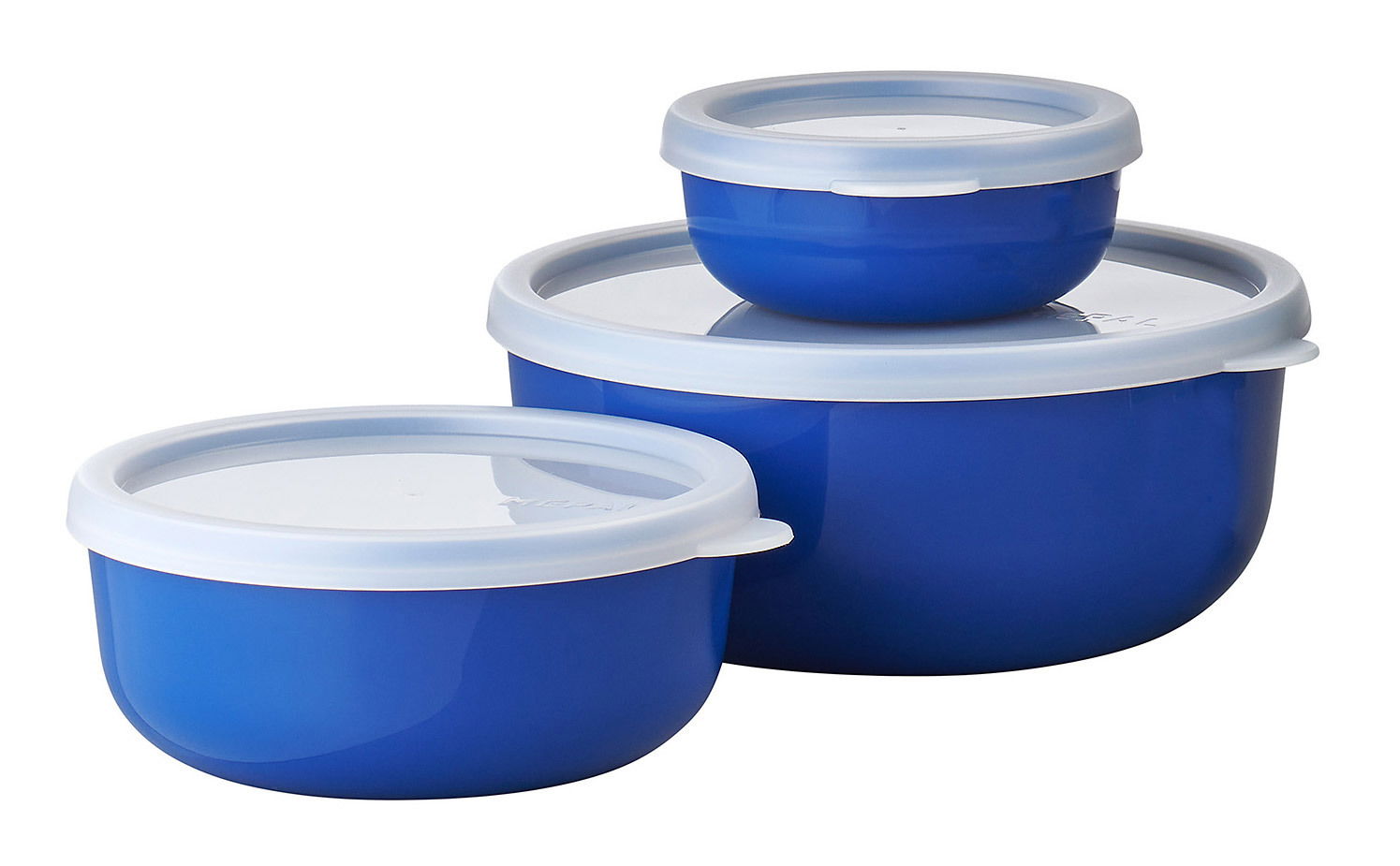 Drei blaue Vorratsdosen mit weißen Deckeln, gestapelt in einer leicht seitlichen Perspektive.