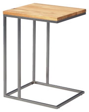 Moderne bijzettafel met houten blad en metalen onderstel, zijaanzicht