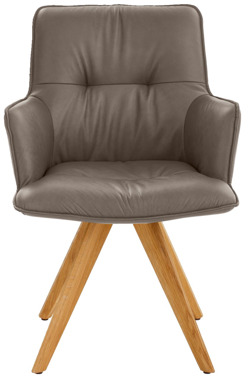 Design-Schalensessel in grauem Leder mit Holzbeinen, Frontalansicht