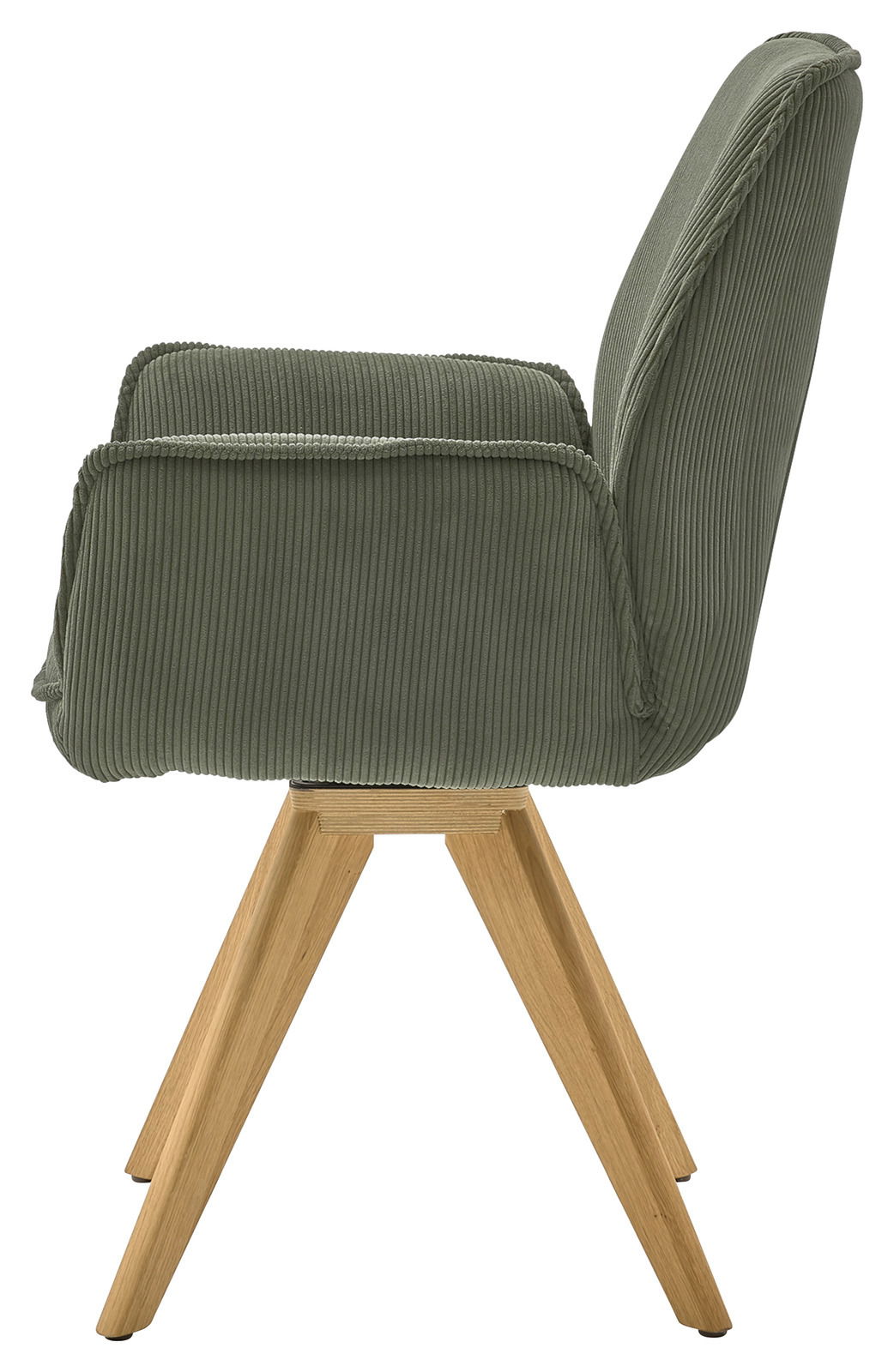 Seitenansicht eines grünen Armlehnstuhls mit Holzbeinen.