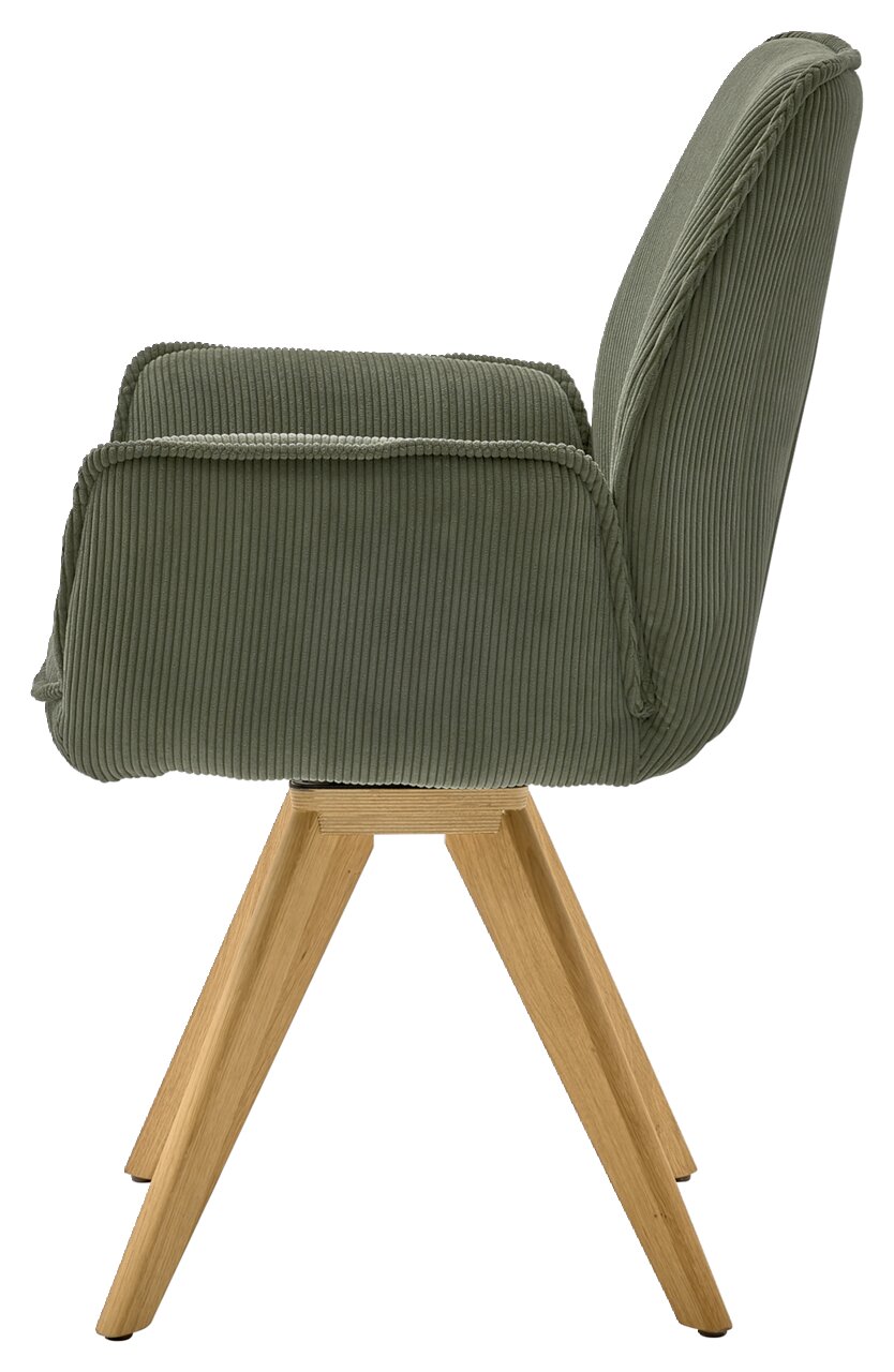 Seitenansicht eines grünen Armlehnstuhls mit Holzbeinen.