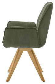 Seitenansicht eines grünen Armlehnstuhls mit Holzbeinen.