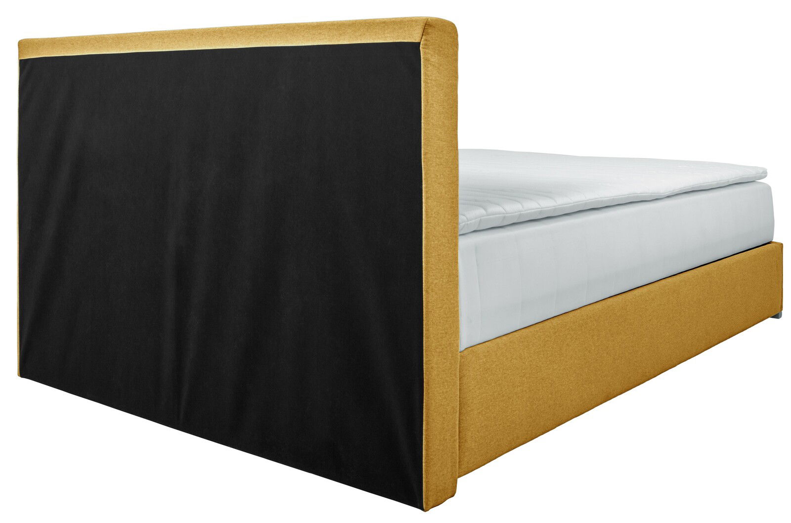 Boxbett 140 in seitlicher Perspektive mit schwarzem Kopfteil und gelbem Rahmen
