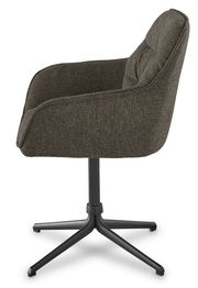 Seitenansicht eines modernen Armlehnstuhls mit dunkelgrauem Stoffbezug und schwarzem Metallfußgestell.