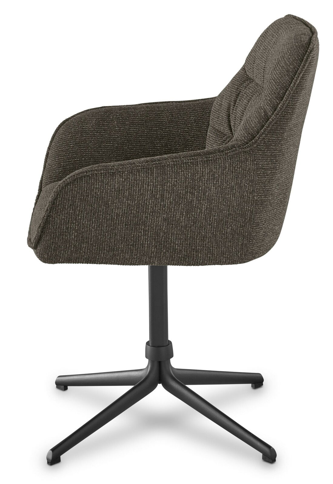 Seitenansicht eines modernen Armlehnstuhls mit dunkelgrauem Stoffbezug und schwarzem Metallfußgestell.
