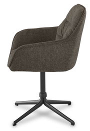 Seitenansicht eines modernen Armlehnstuhls mit dunkelgrauem Stoffbezug und schwarzem Metallfußgestell.