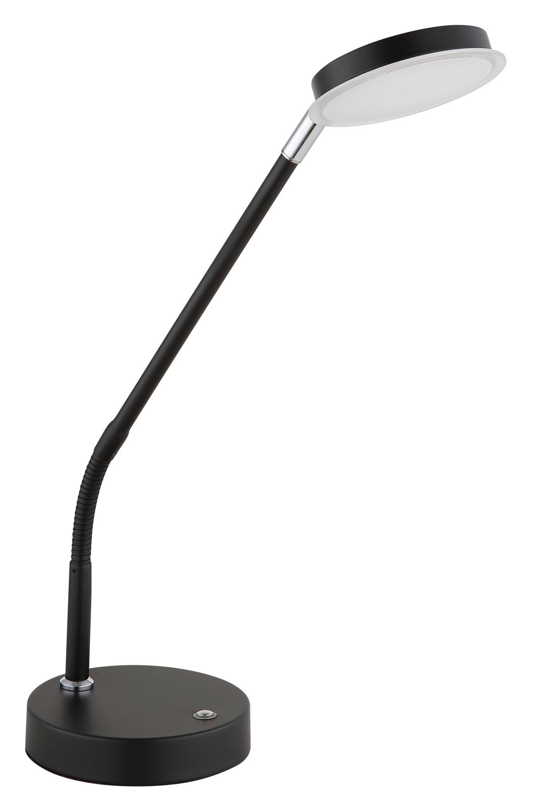 Schwarze LED-Tischleuchte mit flexiblem Hals und rundem Lampenkopf, seitliche Perspektive