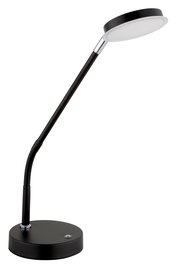 Schwarze LED-Tischleuchte mit flexiblem Hals und rundem Lampenkopf, seitliche Perspektive