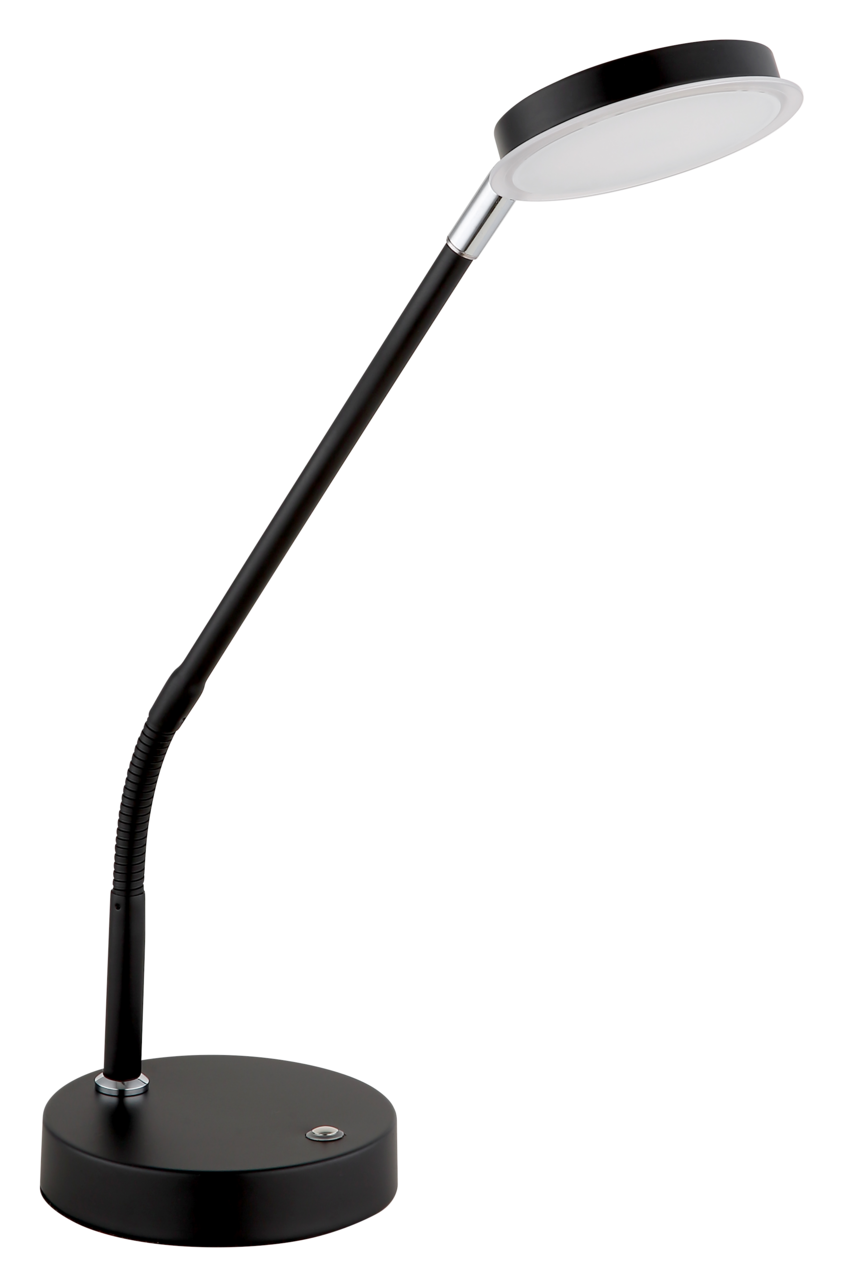 Schwarze LED-Tischleuchte mit flexiblem Hals und rundem Lampenkopf, seitliche Perspektive