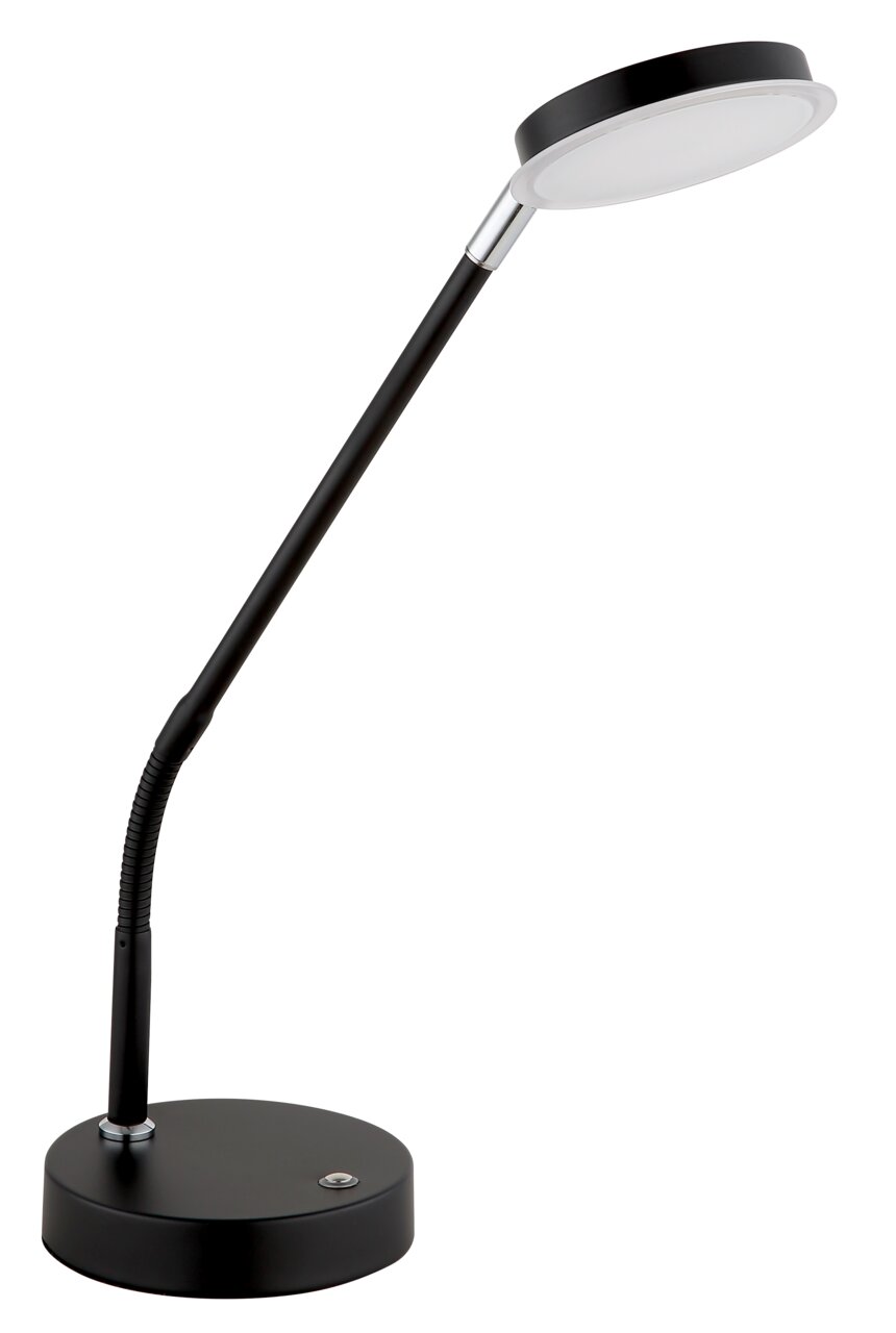 Schwarze LED-Tischleuchte mit flexiblem Hals und rundem Lampenkopf, seitliche Perspektive