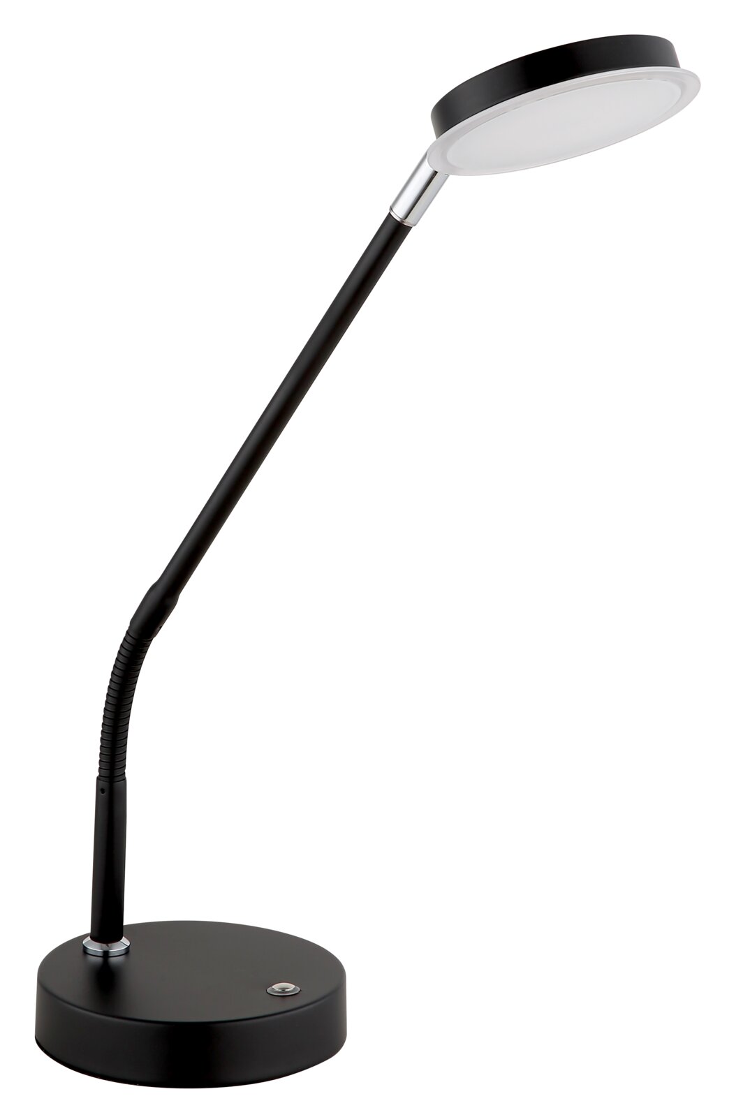 Schwarze LED-Tischleuchte mit flexiblem Hals und rundem Lampenkopf, seitliche Perspektive