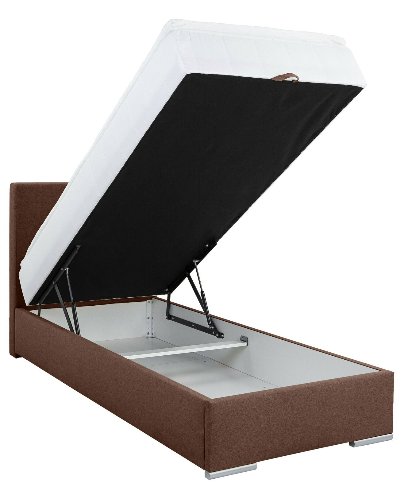 Boxbett 90 mit hochgeklappter Matratze, brauner Rahmen, seitliche Perspektive