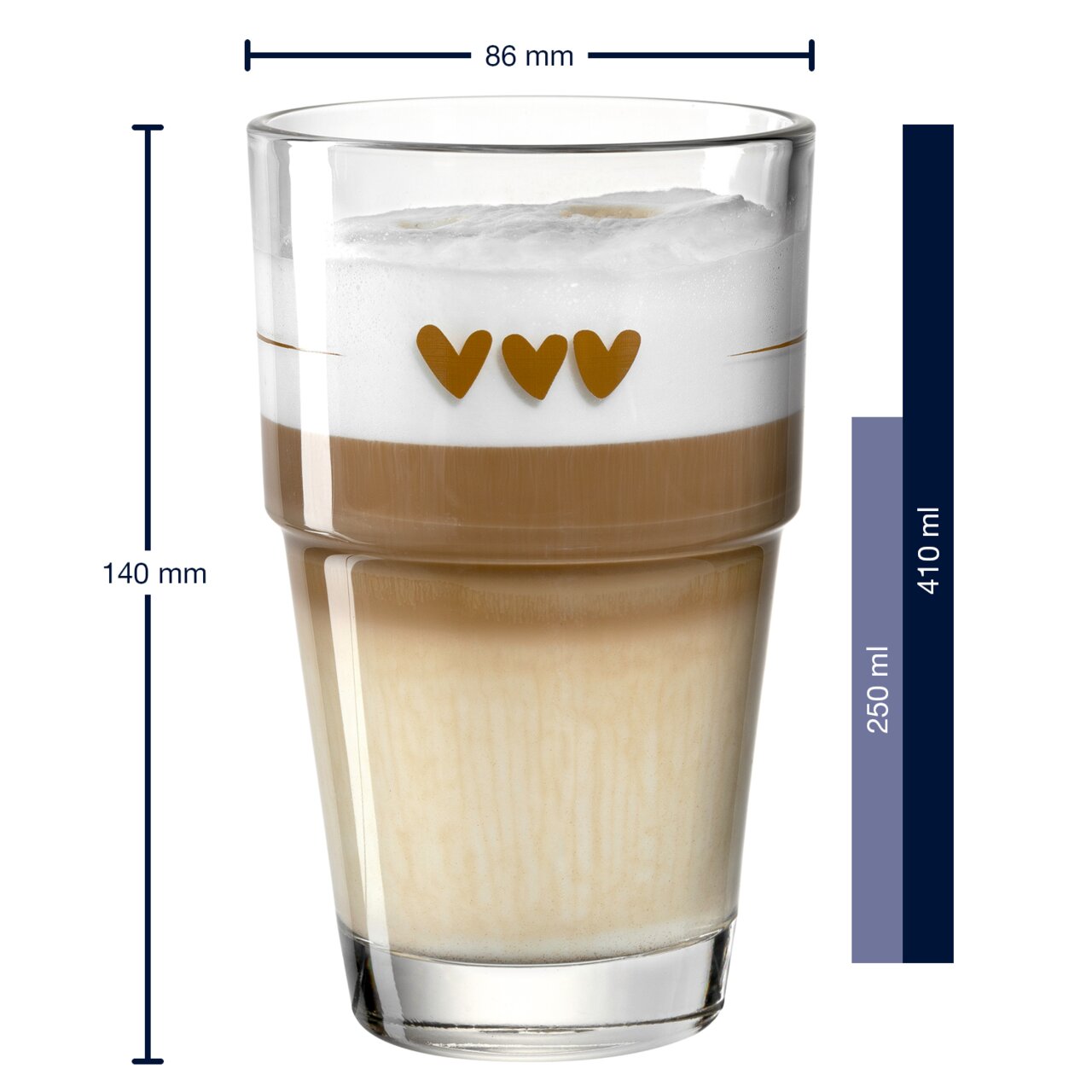 Beker met hartjes, 410 ml, zijaanzicht, gevuld met koffie en melkschuim, afmetingen: 86 mm diameter en 140 mm hoogte