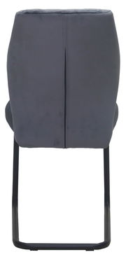 Rückansicht eines grauen Schwingstuhls mit schwarzem Metallgestell.