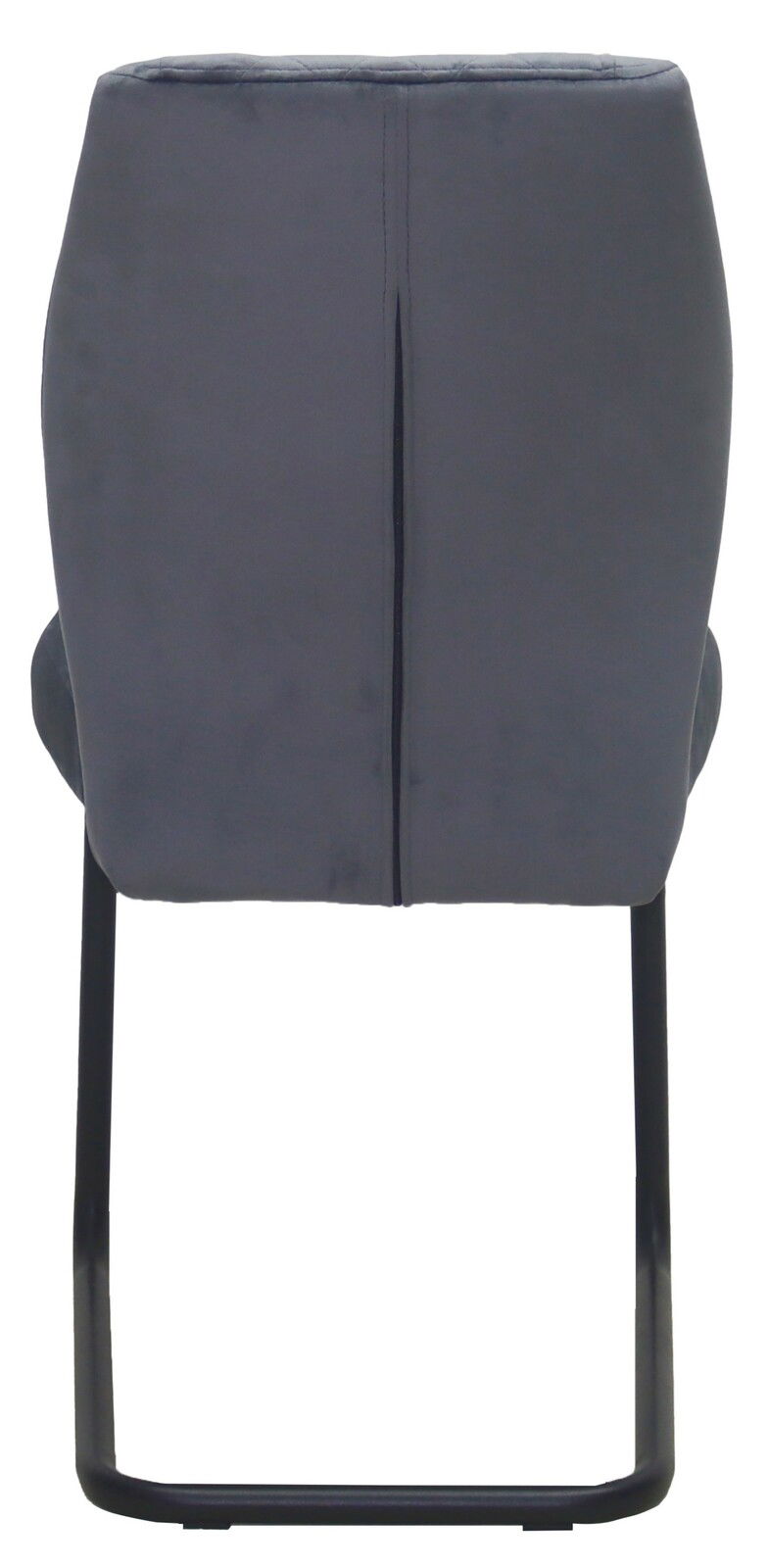 Rückansicht eines grauen Schwingstuhls mit schwarzem Metallgestell.