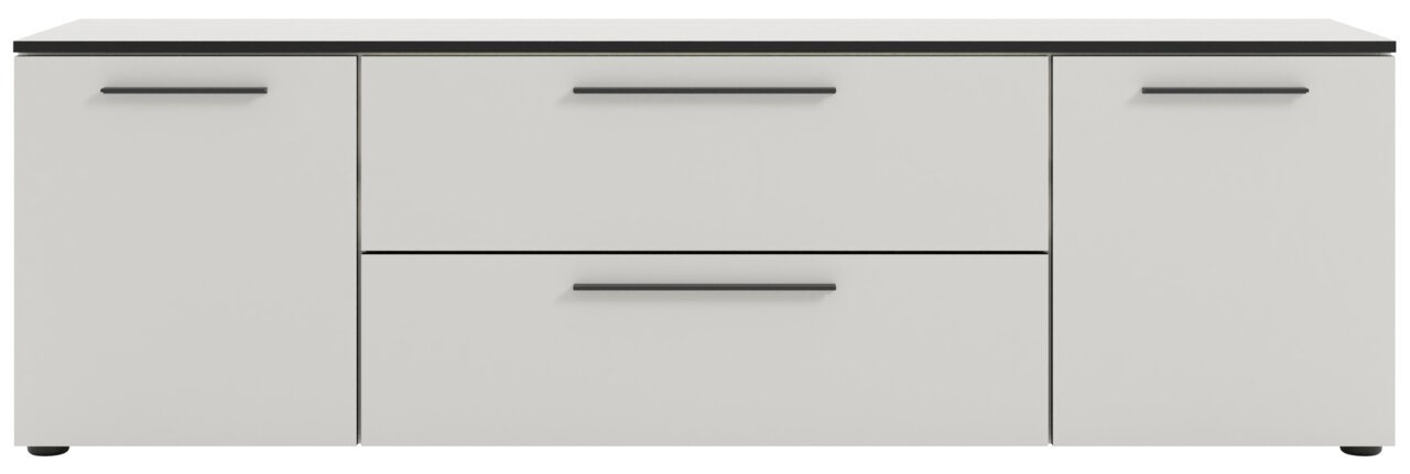 Weißes TV-Lowboard mit zwei Türen und einer Schublade, Frontansicht