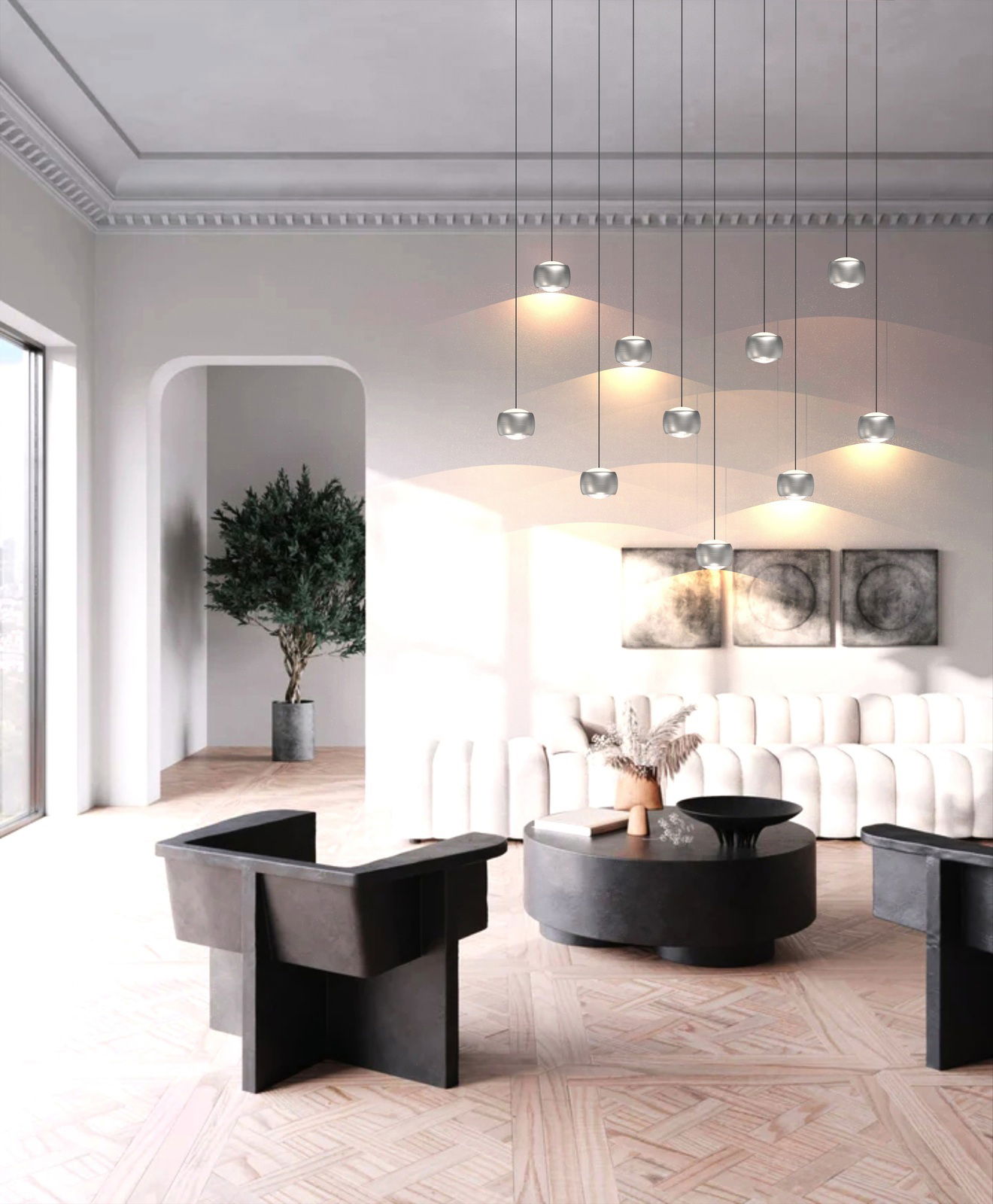 Moderne LED-Pendelleuchte in einem stilvollen Wohnzimmer, von unten betrachtet, mit mehreren hängenden Leuchten über einem eleganten Sitzbereich.