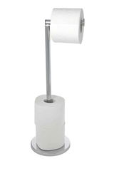 Edelstahl Stand Toilettenpapierhalter mit einer Rolle oben und zwei Ersatzrollen unten, seitliche Perspektive