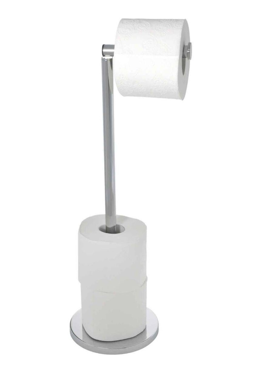 Edelstahl Stand Toilettenpapierhalter mit einer Rolle oben und zwei Ersatzrollen unten, seitliche Perspektive