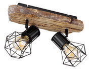 Deckenstrahler mit zwei schwarzen, geometrischen Lampenschirmen und einer rustikalen Holzhalterung, Perspektive von unten