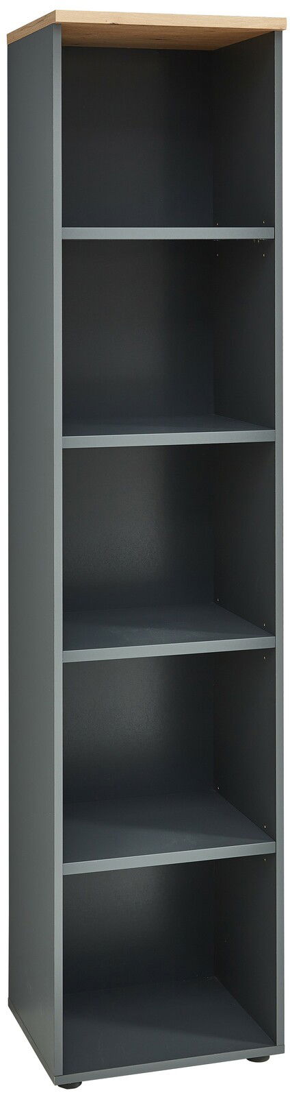 Voleo Regal schmal DETROIT Schmales Regal mit vier offenen Fächern, dunkler Korpus und helle Oberseite, Frontalansicht