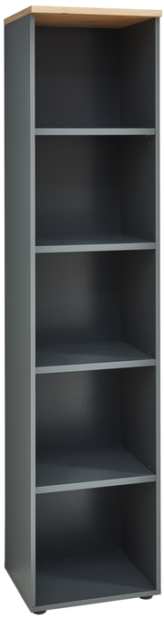 Schmales Regal mit vier offenen Fächern, dunkler Korpus und helle Oberseite, Frontalansicht