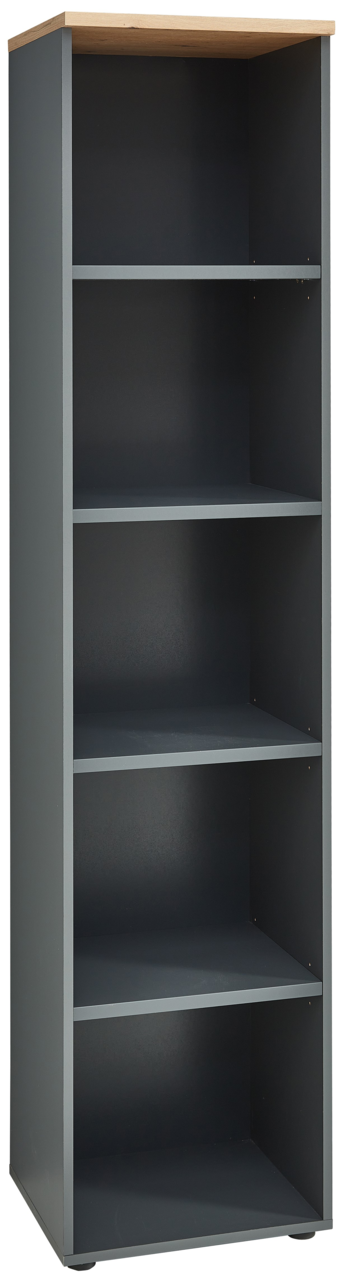 Schmales Regal mit vier offenen Fächern, dunkler Korpus und helle Oberseite, Frontalansicht