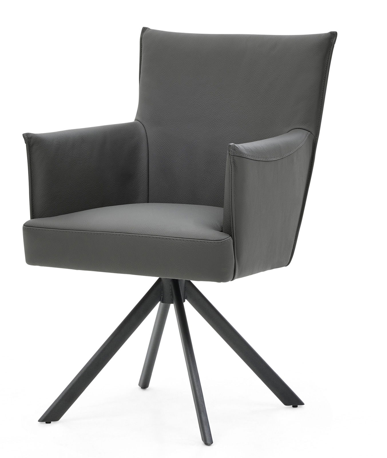 Moderner grauer Armlehnstuhl mit vierbeinigem Metallgestell, seitliche Perspektive