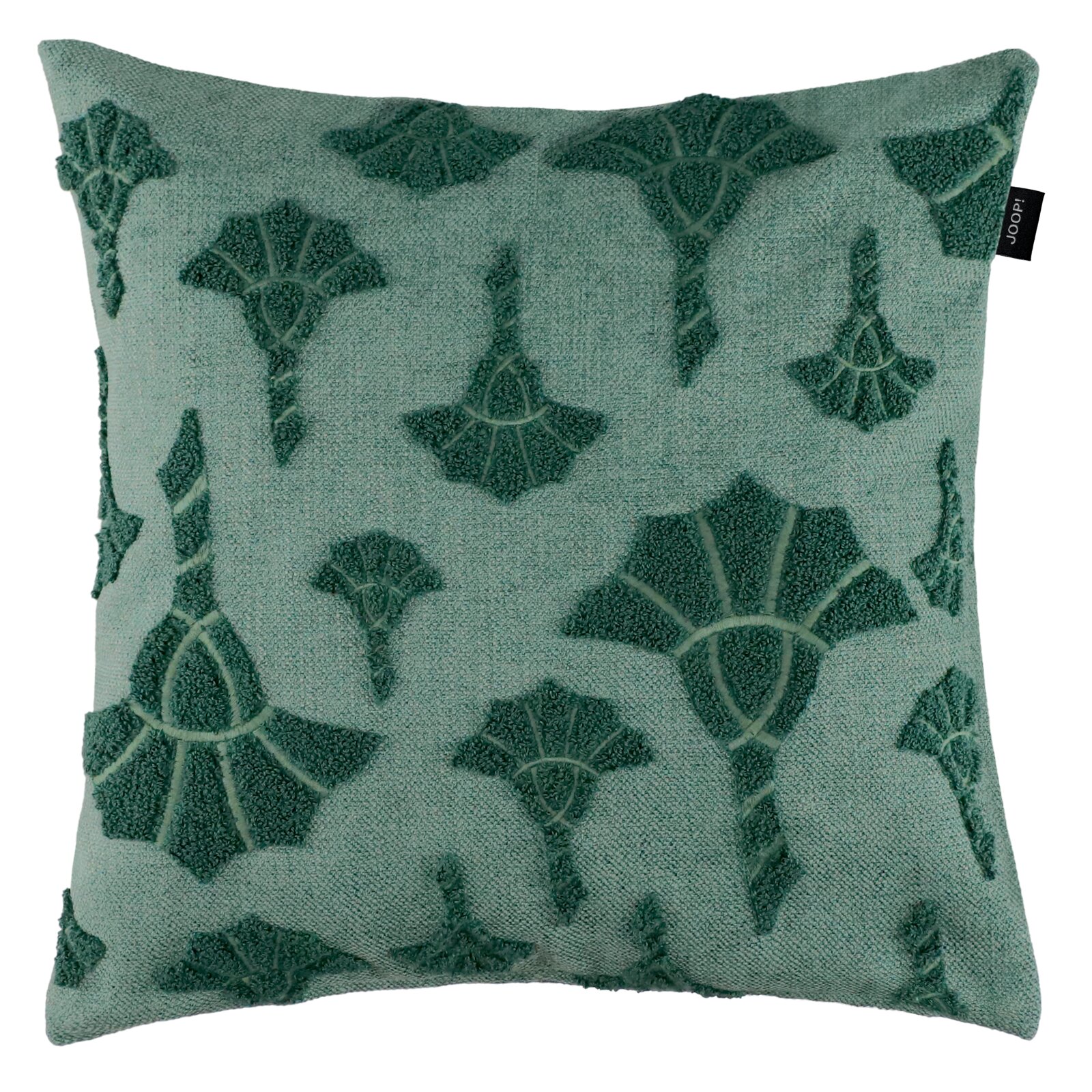 Vooraanzicht van een vierkant mintgroen sierkussen met een donker groen, verhoogd bloemmotief en subtiel JOOP!-label aan de zijkant.