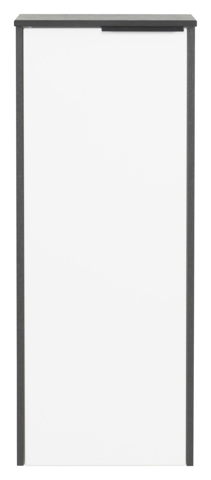 Frontansicht eines modernen Highboards mit weißer Tür und dunklem Rahmen.