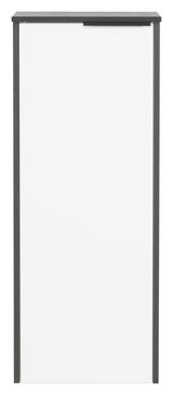 Frontansicht eines modernen Highboards mit weißer Tür und dunklem Rahmen.