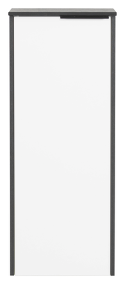 Frontansicht eines modernen Highboards mit weißer Tür und dunklem Rahmen.