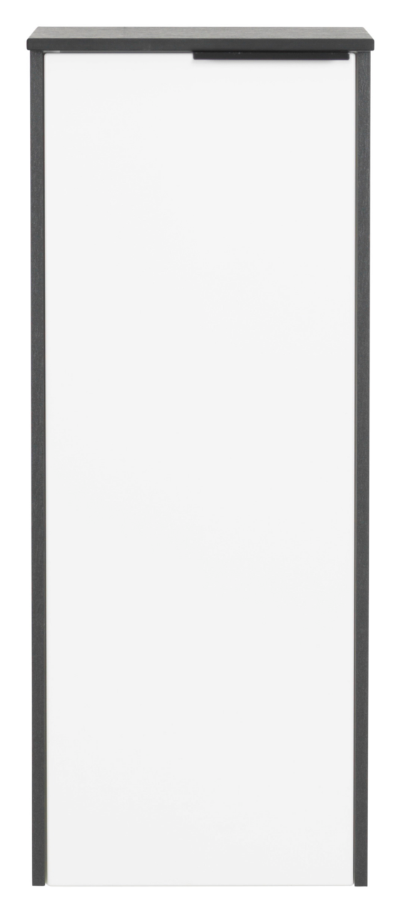 Frontansicht eines modernen Highboards mit weißer Tür und dunklem Rahmen.