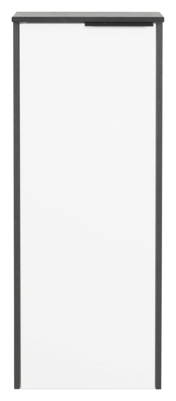 Frontansicht eines modernen Highboards mit weißer Tür und dunklem Rahmen.