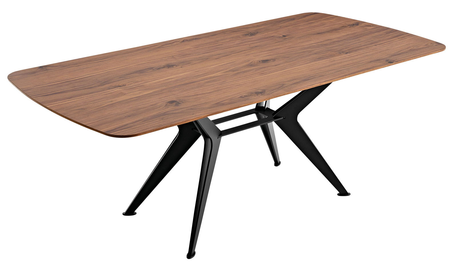 Moderner Esstisch mit Holzplatte und schwarzen Metallbeinen, seitliche Perspektive