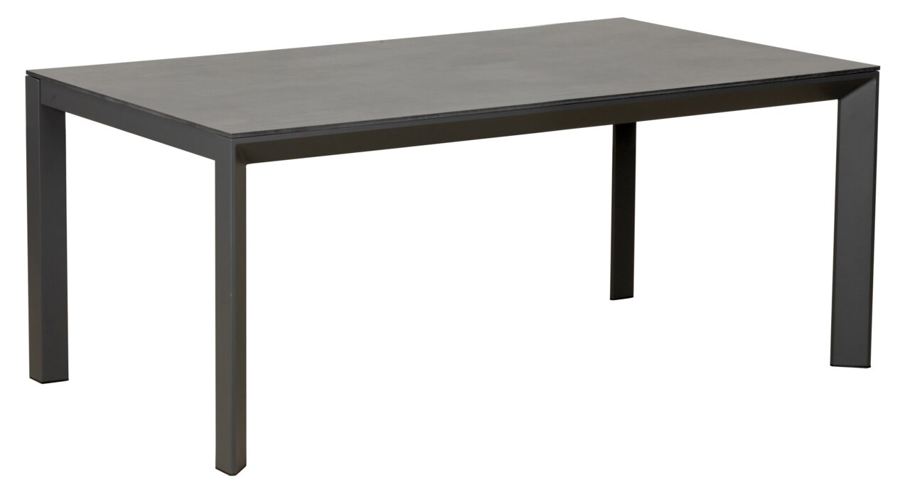 Moderner rechteckiger Gartentisch aus Metall in seitlicher Perspektive