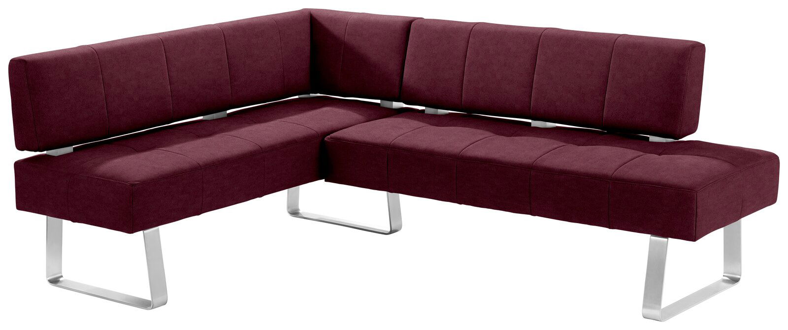 Moderano Eckbank LUPO II Moderne Eckbank in L-Form mit weinrotem Stoffbezug und silbernen Metallbeinen, Perspektive von vorne