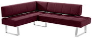 Moderne Eckbank in L-Form mit weinrotem Stoffbezug und silbernen Metallbeinen, Perspektive von vorne