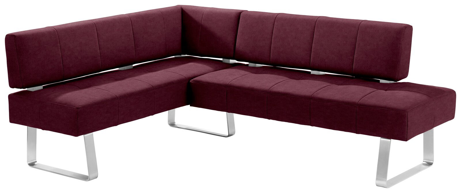 Moderano Eckbank LUPO II Moderne Eckbank in L-Form mit weinrotem Stoffbezug und silbernen Metallbeinen, Perspektive von vorne