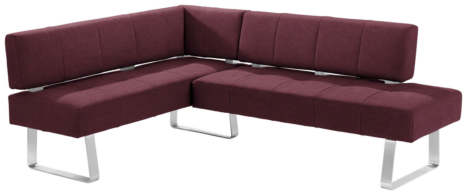 Moderne Eckbank in L-Form mit weinrotem Stoffbezug und silbernen Metallbeinen, Perspektive von vorne