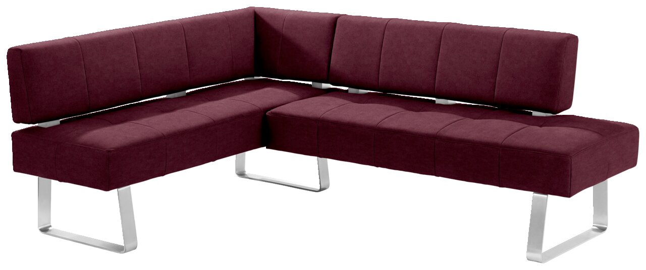 Moderne Eckbank in L-Form mit weinrotem Stoffbezug und silbernen Metallbeinen, Perspektive von vorne