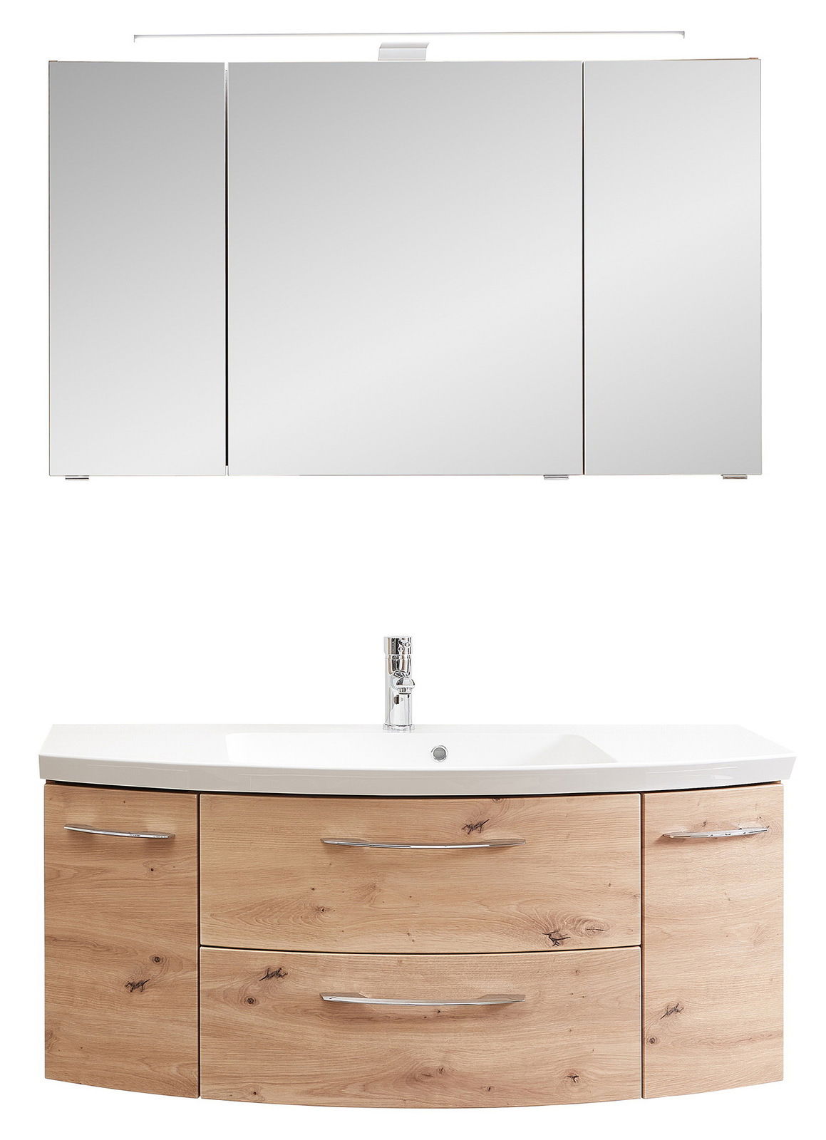 Badezimmerkombination bestehend aus einem dreiteiligen Spiegelschrank und einem Waschtisch mit Holzoptik, Frontalansicht