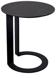 Moderner schwarzer Beistelltisch mit runder Tischplatte und einzigartigem, offenem Gestell, seitliche Perspektive