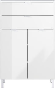 Weiße Kommode mit drei Schubladen und zwei Türen, frontale Ansicht