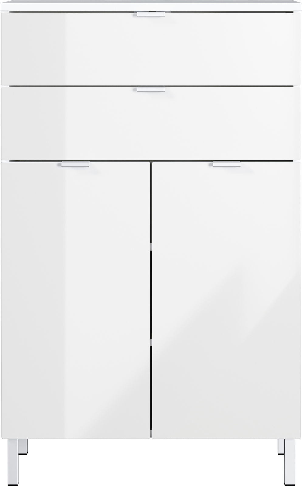 Weiße Kommode mit drei Schubladen und zwei Türen, frontale Ansicht