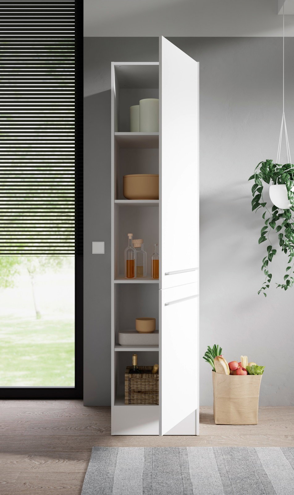 Moderner weißer Vorratsschrank mit offener Tür, gefüllt mit Küchenutensilien und Vorräten, seitliche Perspektive.