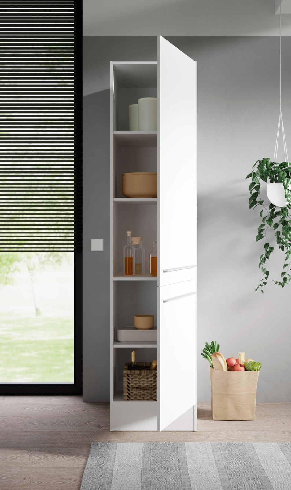 Moderner weißer Vorratsschrank mit offener Tür, gefüllt mit Küchenutensilien und Vorräten, seitliche Perspektive.