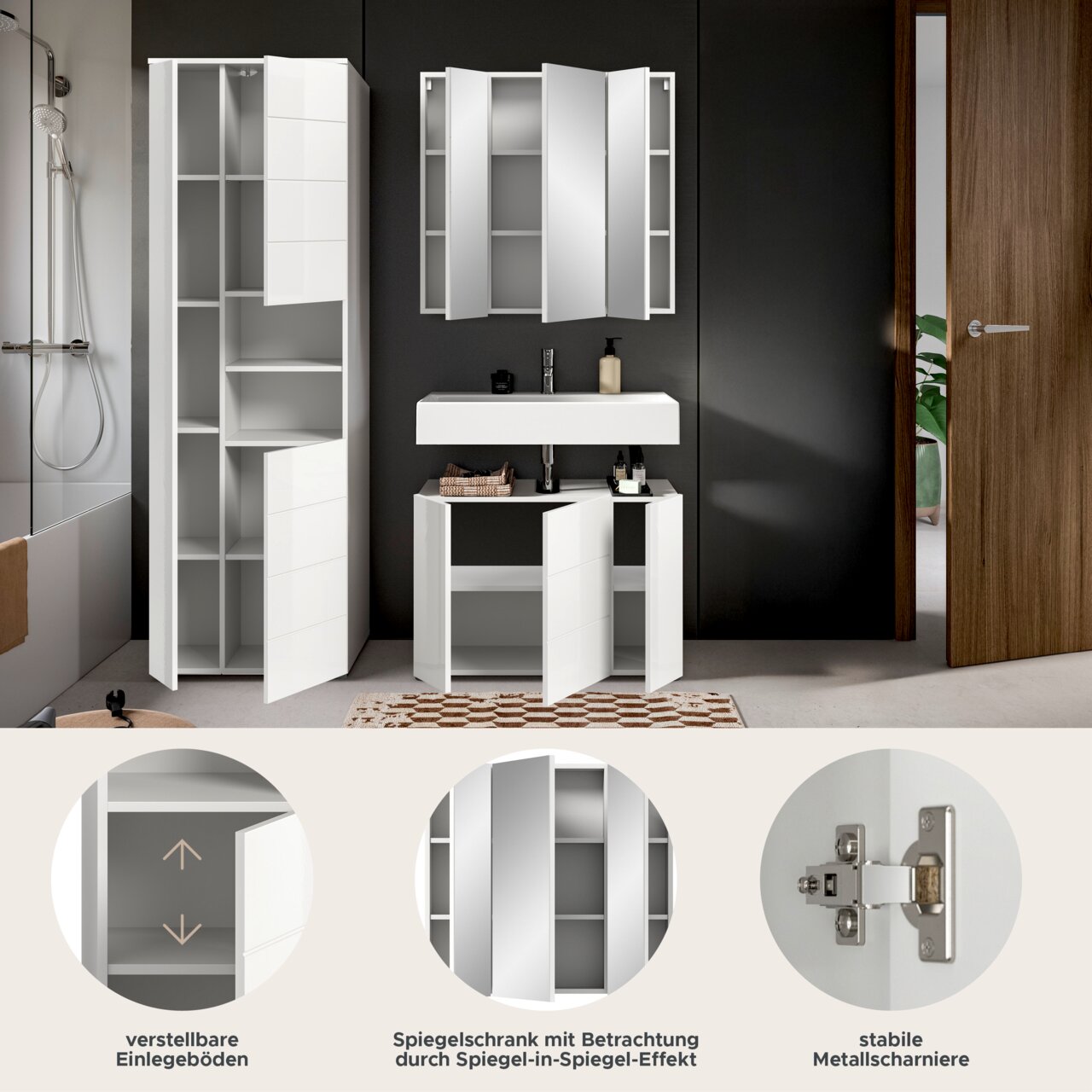Moderne Badkombination mit weißem Hochschrank, Spiegelschrank und Waschbeckenunterschrank, frontal betrachtet.