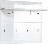 Garderobenpaneel in Weiß mit vier Haken und einem Regalbrett, seitliche Perspektive