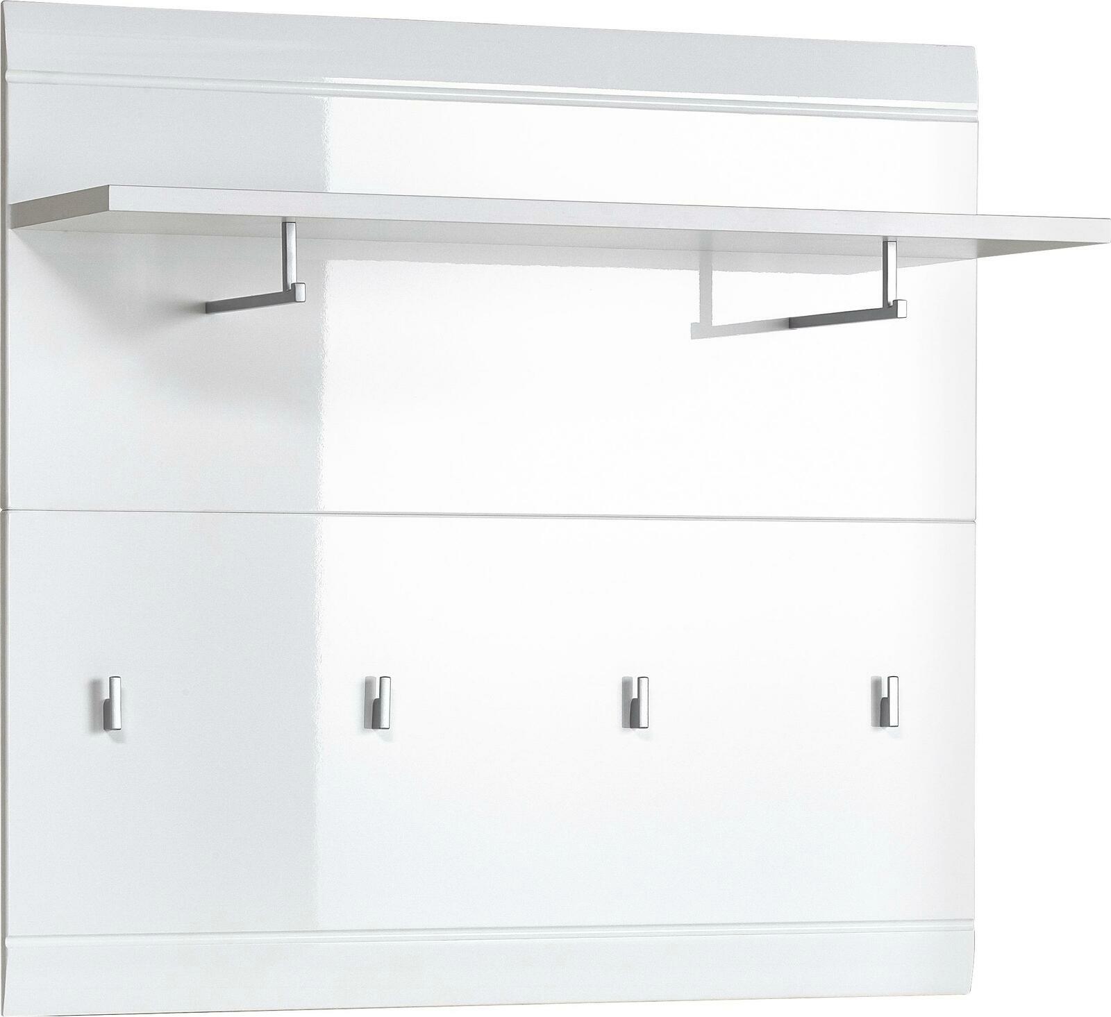 Garderobenpaneel in Weiß mit vier Haken und einem Regalbrett, seitliche Perspektive